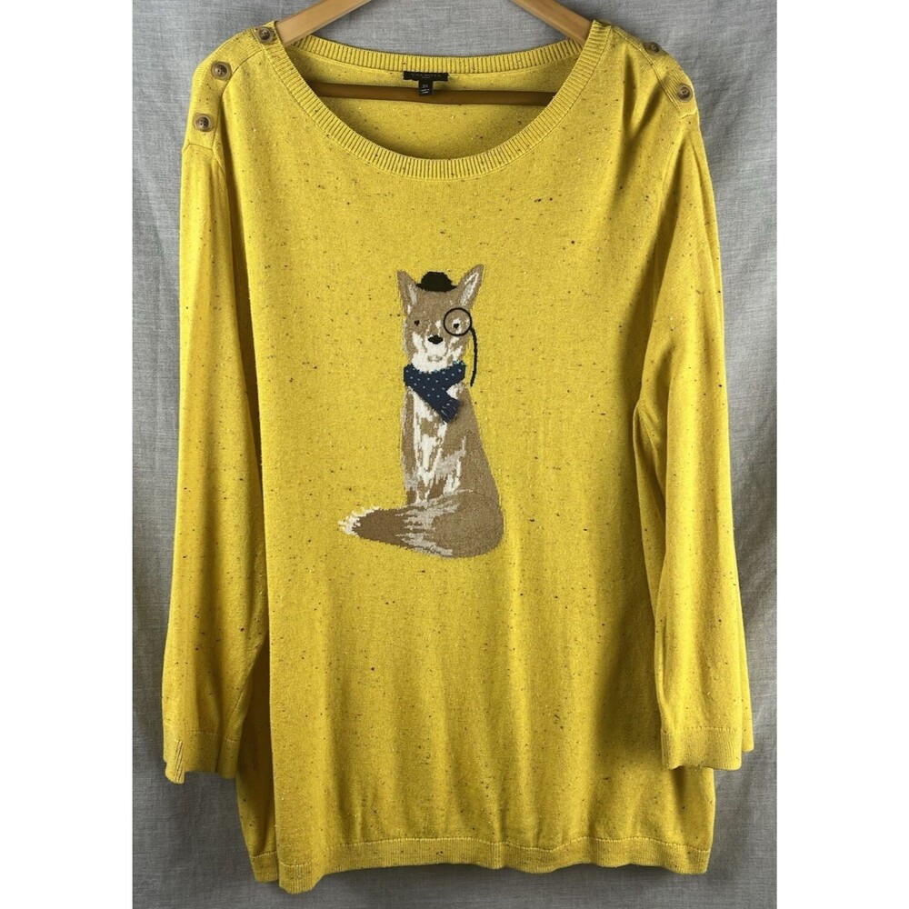 Talbots Plus Size 3X Sweater Mustard Yellow Gentleman Fox Novelty Fall Graphic